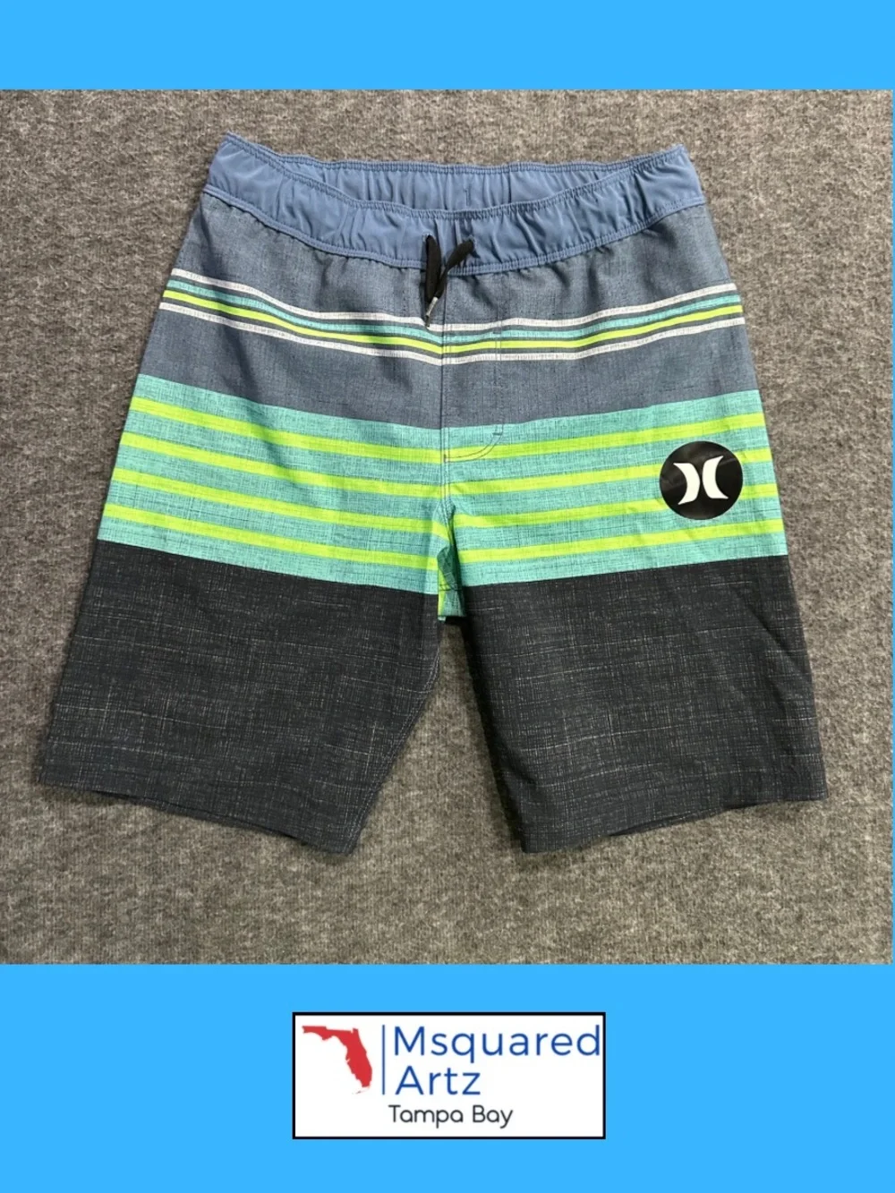 Hurley Boys 7/8 Board Shorts Swim Trunks Blue Green Striped Brief Liner